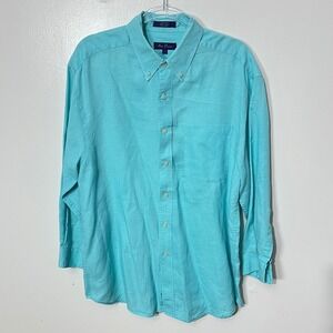Alan Flusser Linen Button Down Mens Large Aqua  Long Sleeve Pocket Shirt